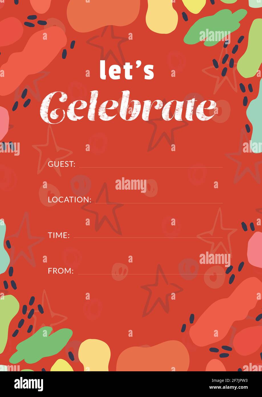 Let's celebrate written in white with colourful shapes, invite with details space on red background Stock Photo