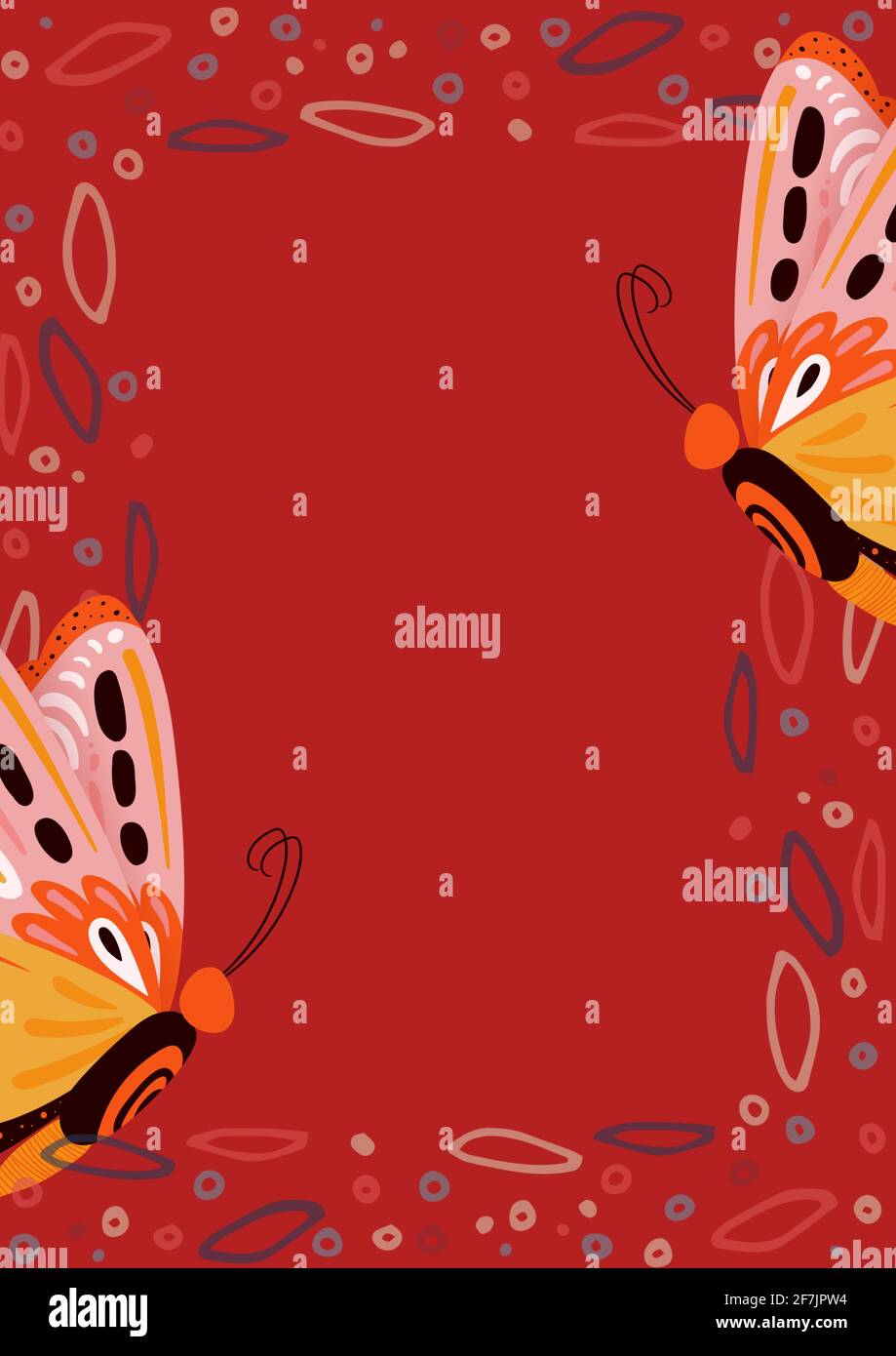 Composition of butterflies and abstract shapes with copy space on red background Stock Photo