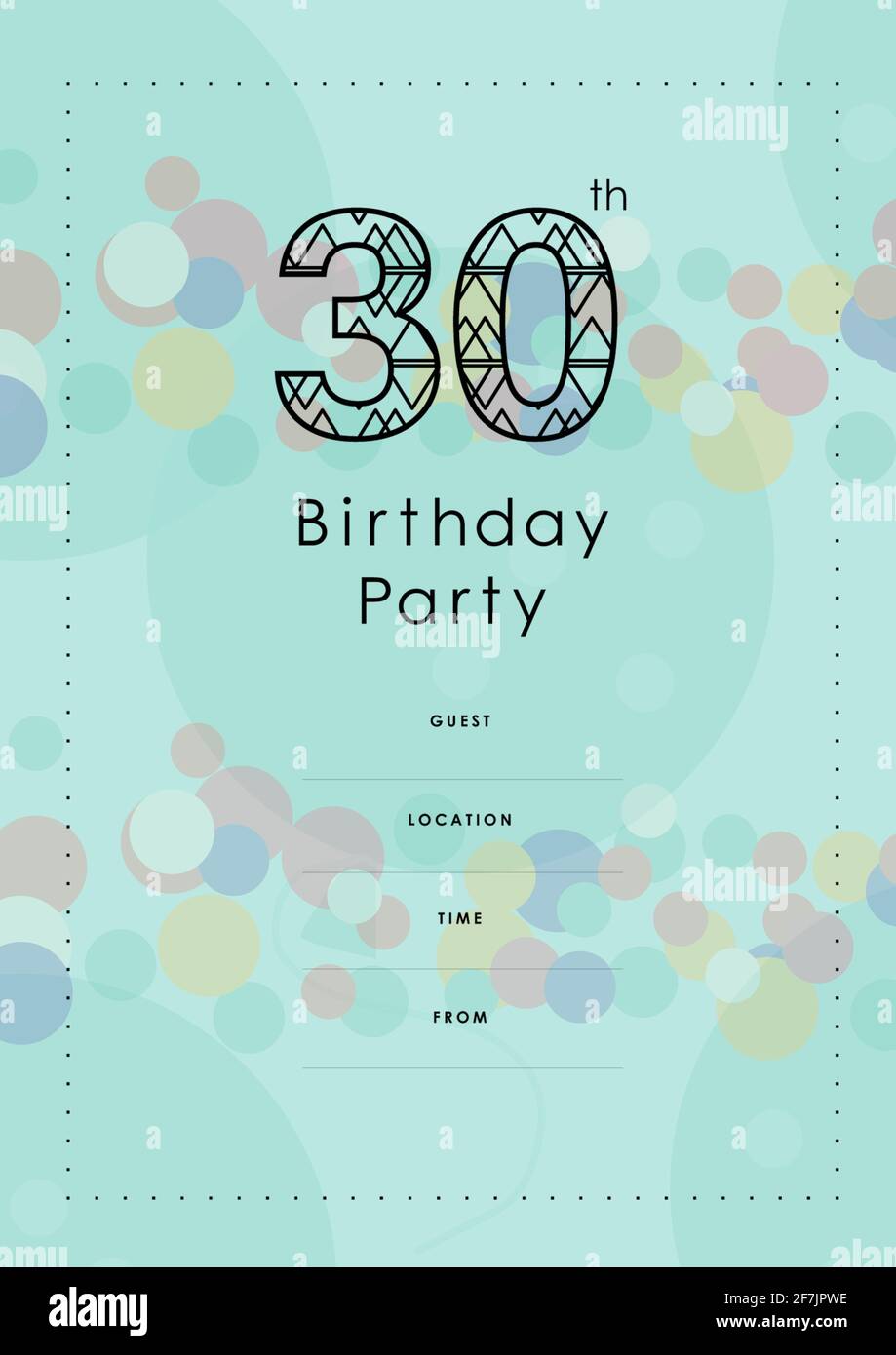 30 birthday party written in black with coloured circles, invite with details on blue background Stock Photo