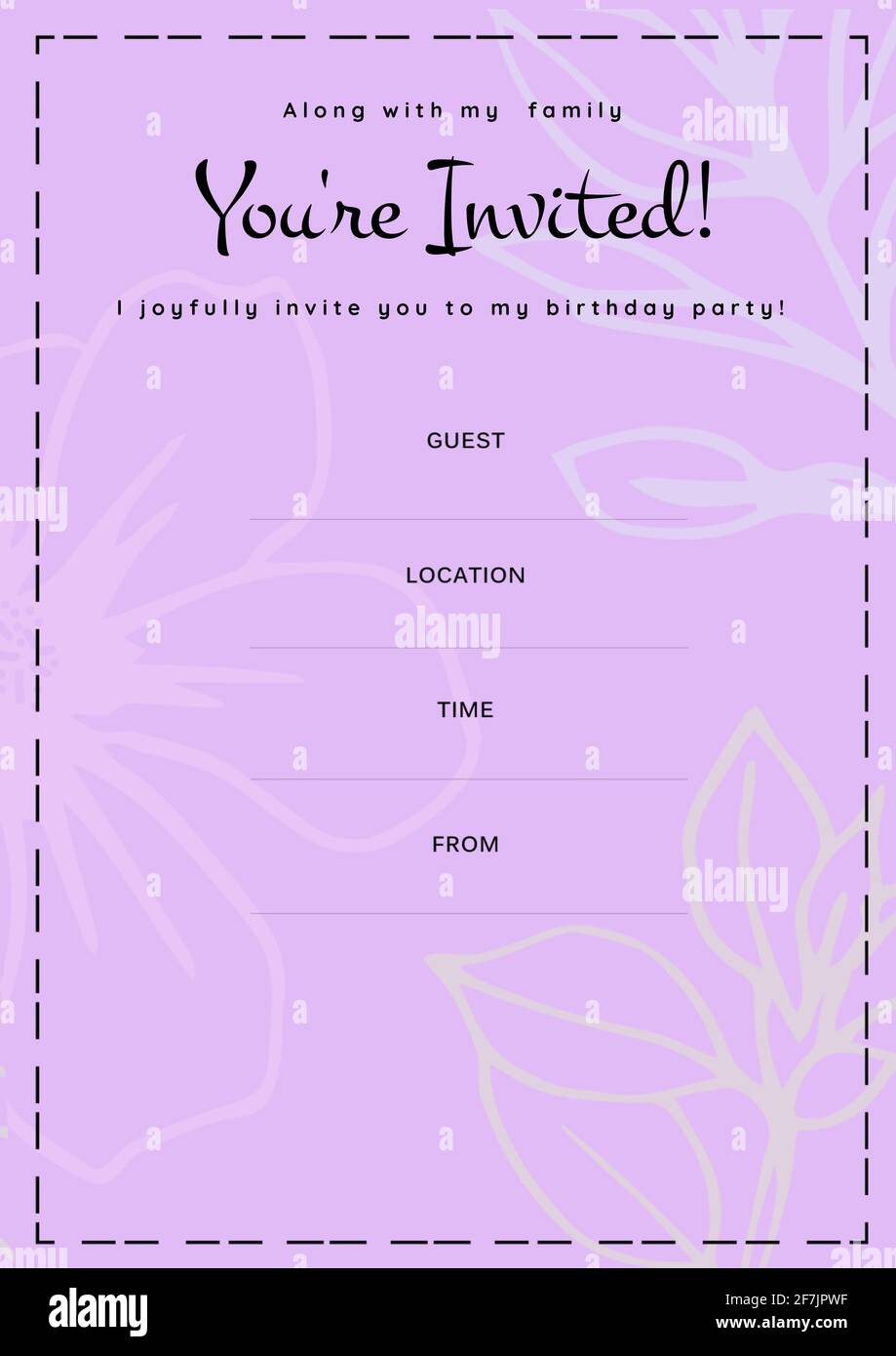 You're invited written in black with white flowers, invite with details space on pink background Stock Photo