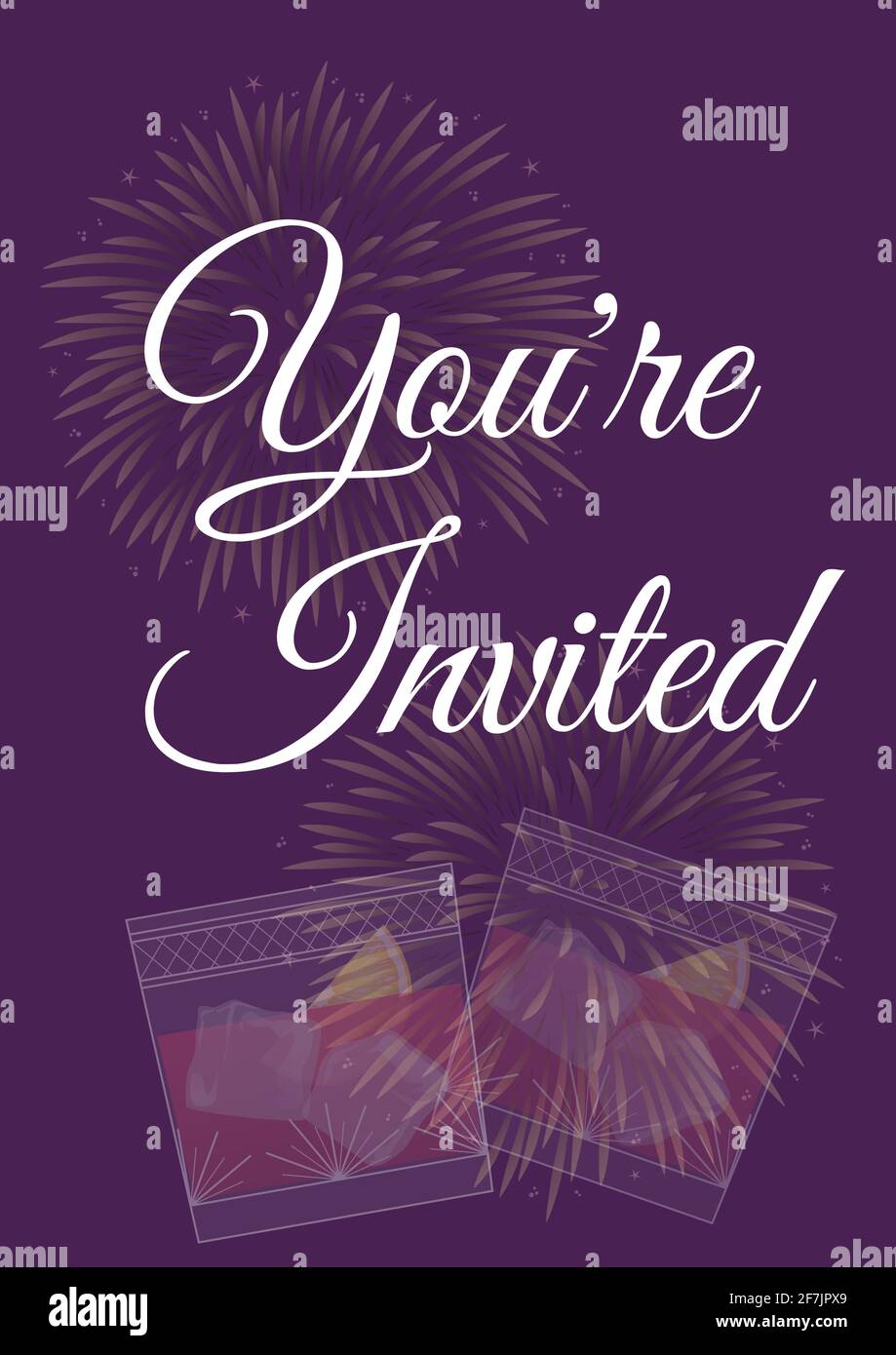 You're invited written in white with pale fireworks and two drinks on invite with purple background Stock Photo