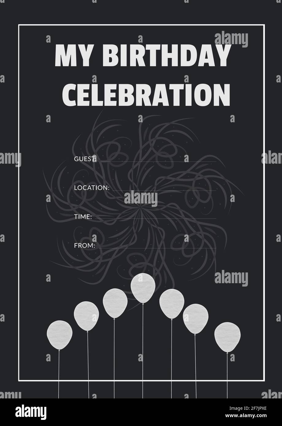 My birthday celebration written in white, with balloons and motif and details on black background Stock Photo