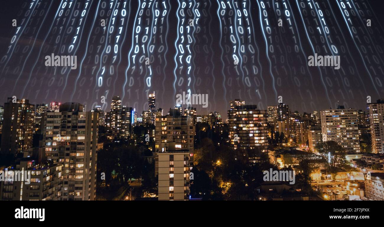 Composition of digital interface over a cityscape in background Stock Photo