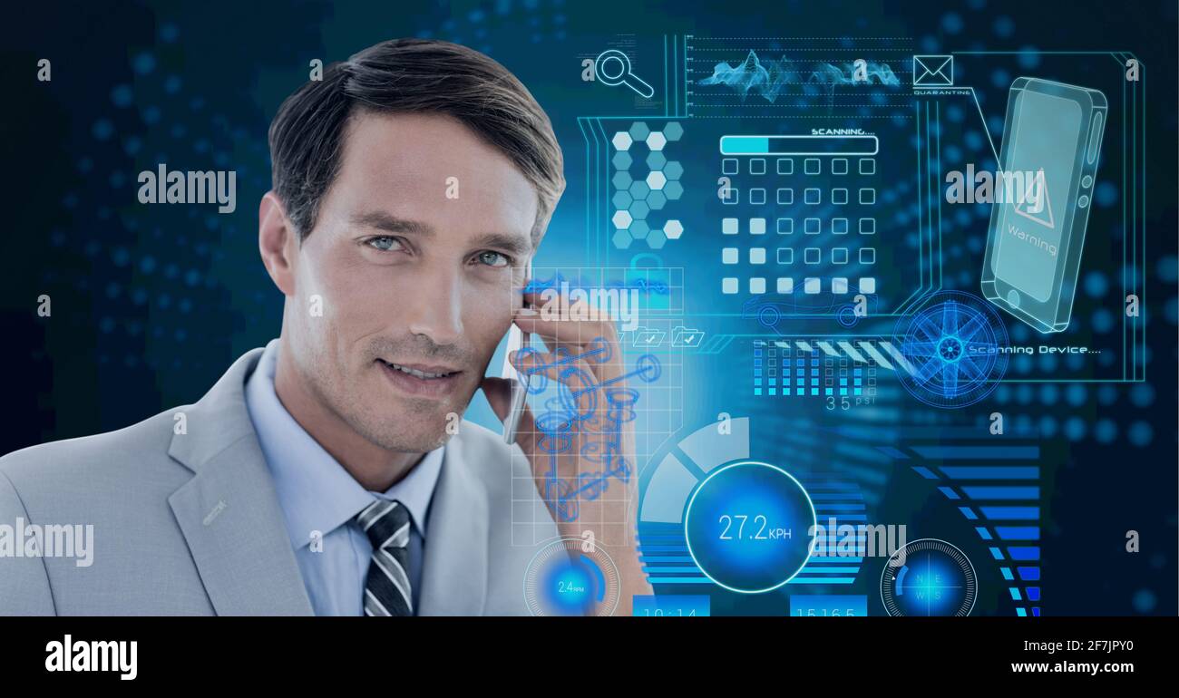 Composition of data processing over caucasian man using a smartphone in background Stock Photo