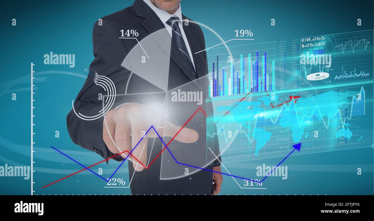 Composition of data processing over a person wearing a suit in background Stock Photo