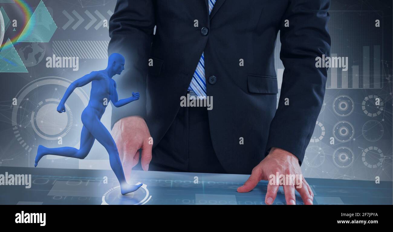 Composition of blue person model running over a person wearing suit in background Stock Photo