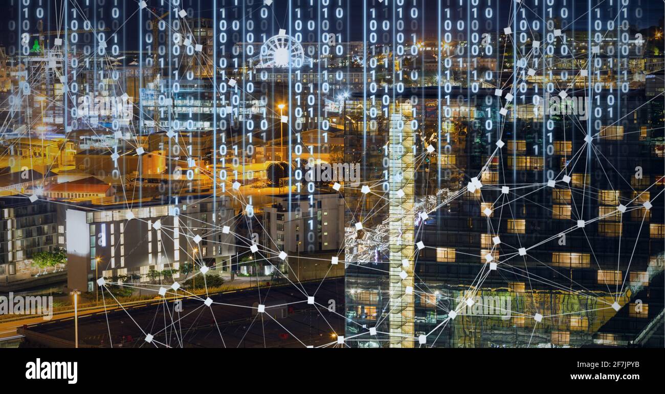 Composition of net of connections with digital interface over a cityscape in background Stock Photo