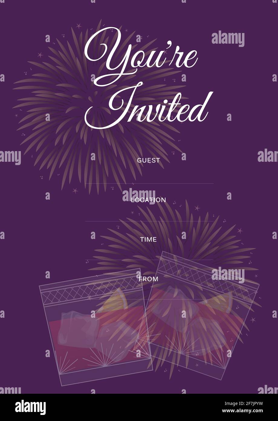 You're invited written in white with drinks design, invite with details space on purple background Stock Photo