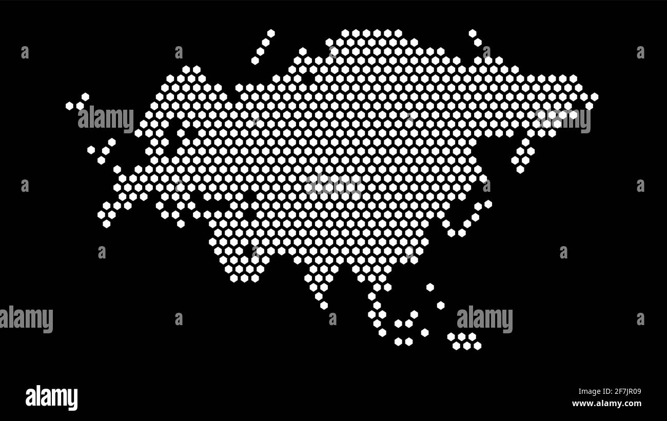 Black and white hexagonal pixel map of Eurasia. Vector illustration Eurasian continent hexagon map dotted mosaic. Administrative border, land composit Stock Vector