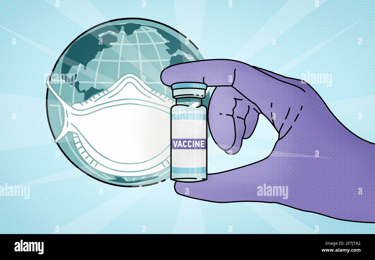 Hand in medical glove, covid-19 vaccine, illustration vaccination of the world  Stock Photo