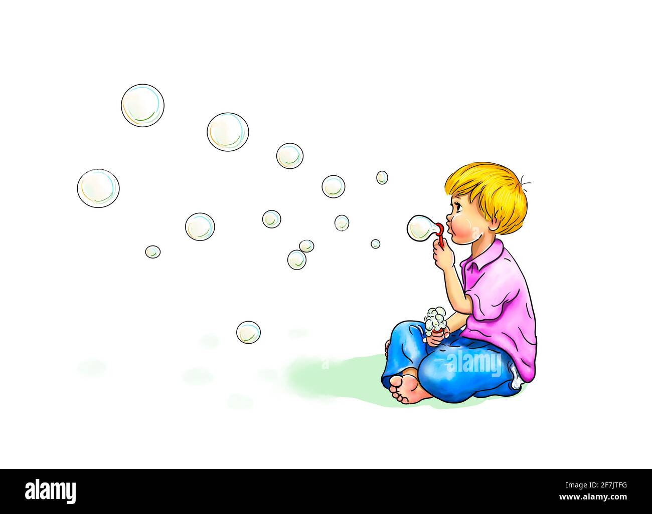 I love soap bubbles background white boy sitting cross-legged barefoot blows blowing bubbles bubbles flying through the air Flip-flops lie in front of Stock Photo