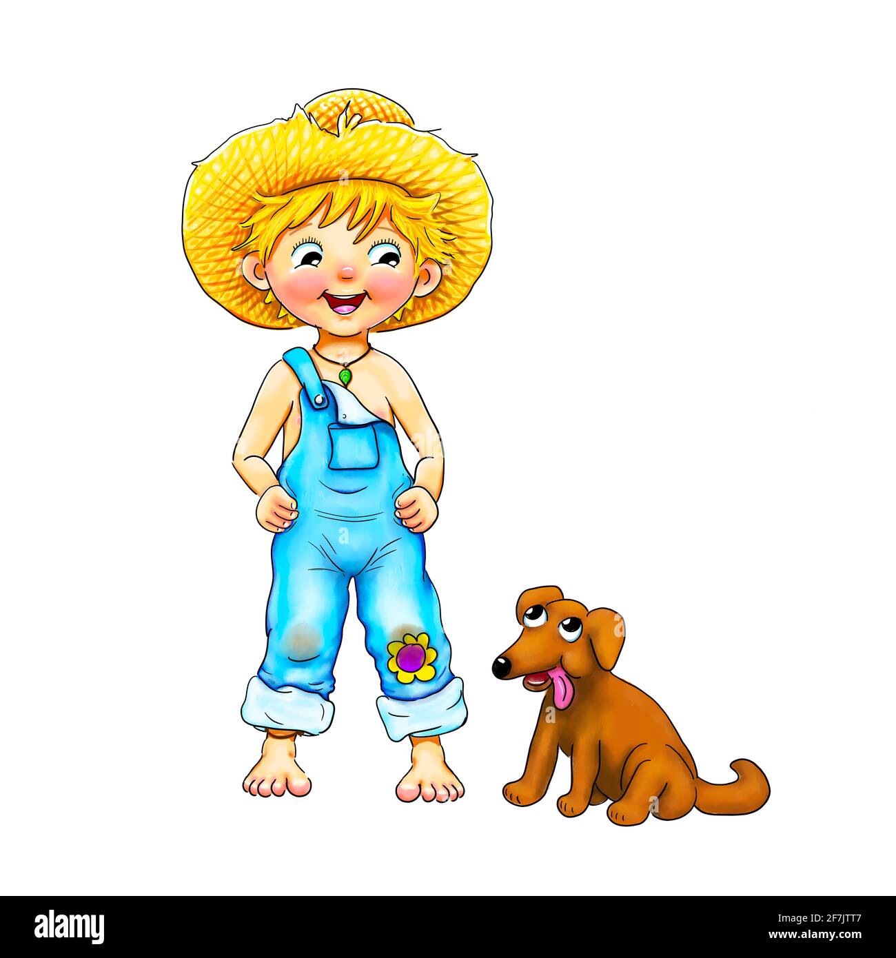 little boy barefoot with dungarees in blue and yellow straw hat stands smiling. The little gardener enjoys the summer. Has a flower on his knee. Stock Photo