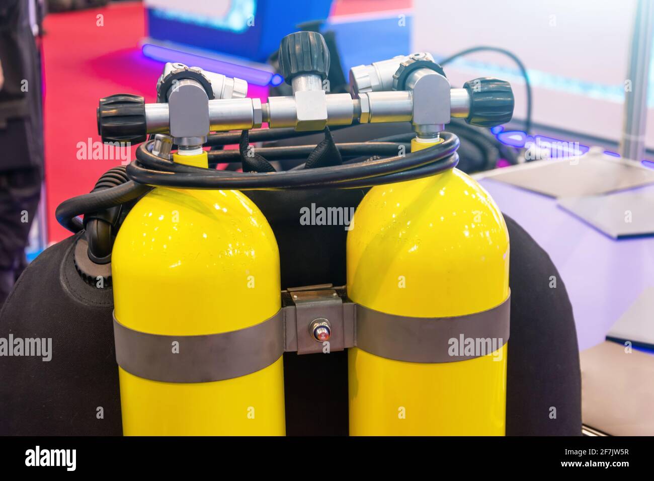 Oxygen cylinders and scuba diving equipment on the diver's back Stock