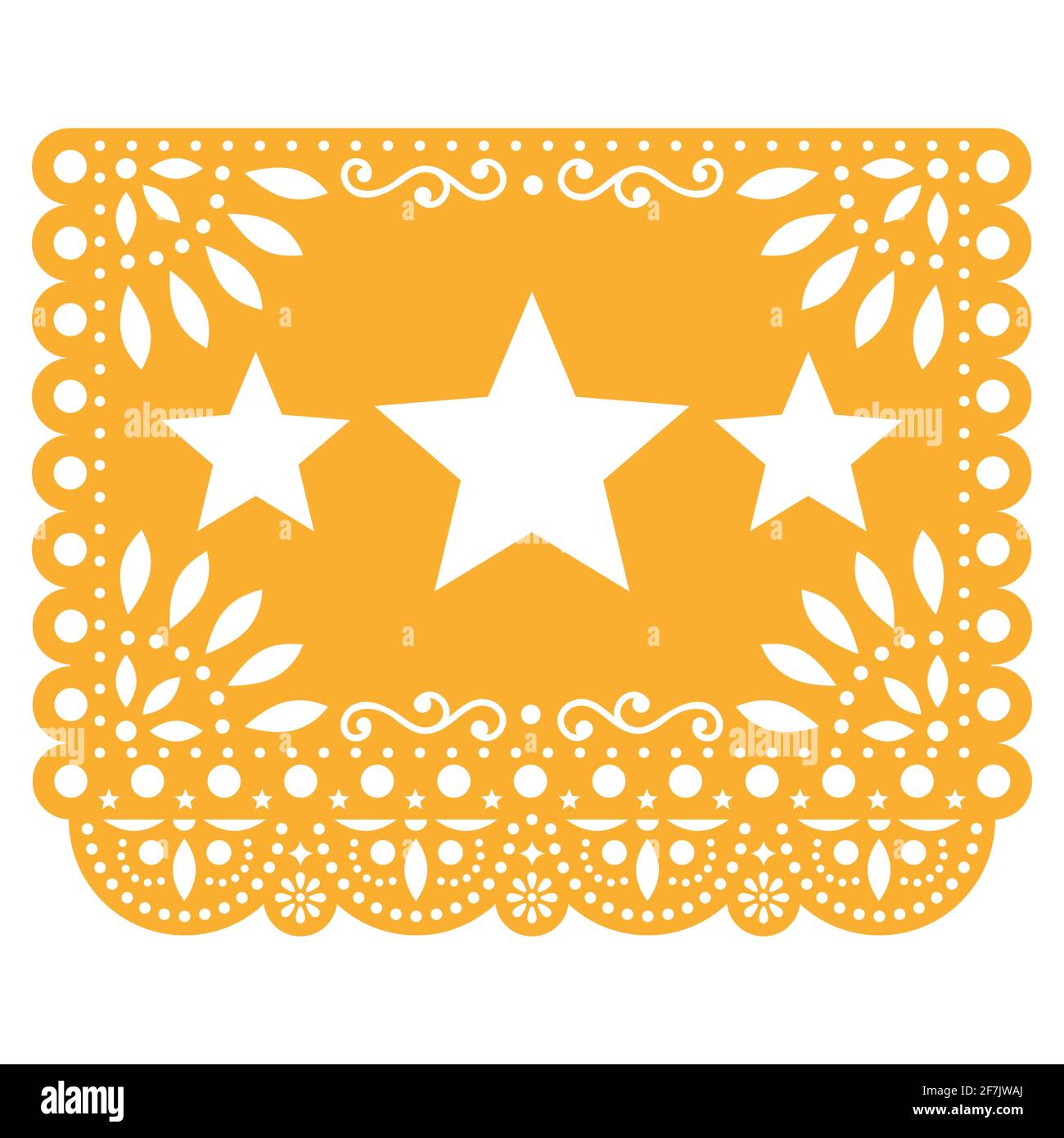 Papel Picado vector design with three stars in yellow, Mexican paper decoration with flowers and geometric shapes Stock Vector