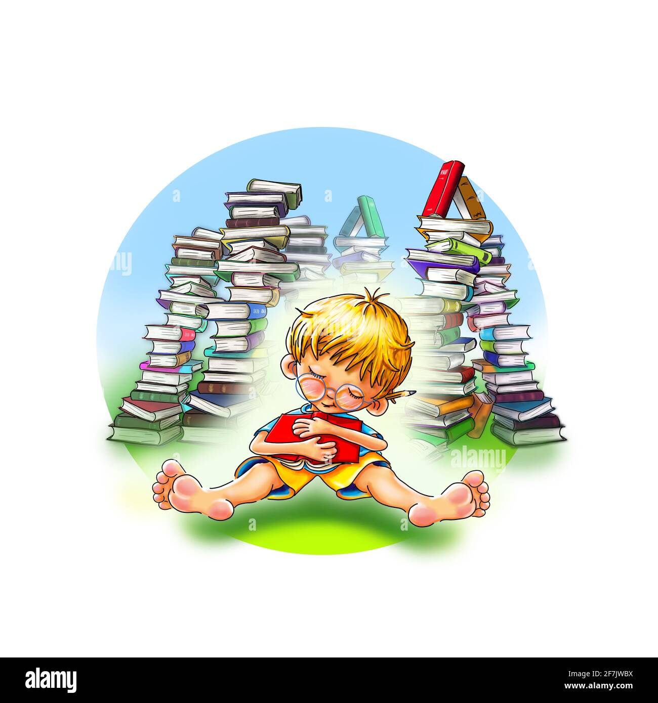 Little boy with glasses sits barefoot, legs stretched out, with a book he is hugging, asleep in front of stacks of books. He's clutching his book Stock Photo