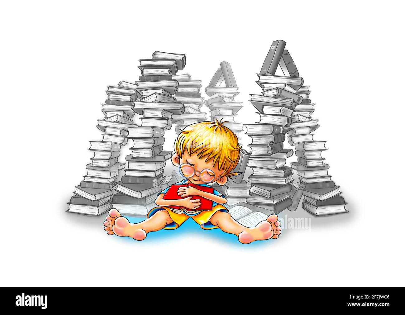 Little boy with glasses sits barefoot, legs stretched out, with a book he is hugging, asleep in front of stacks of books. He's clutching his book Stock Photo