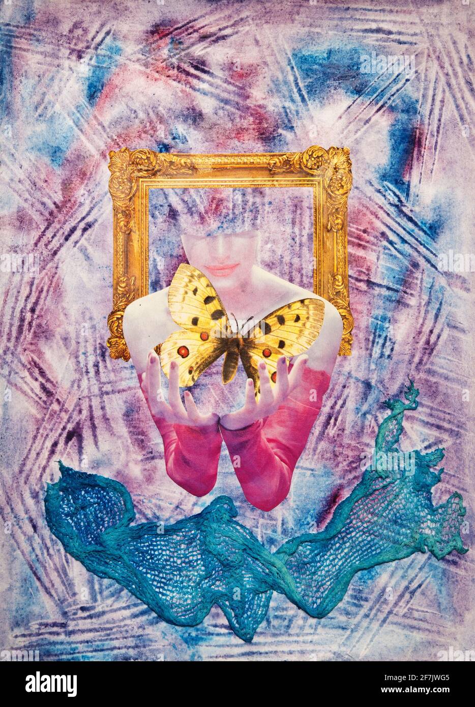 mixed media collage with objects and acrylics paint on cardboard Stock