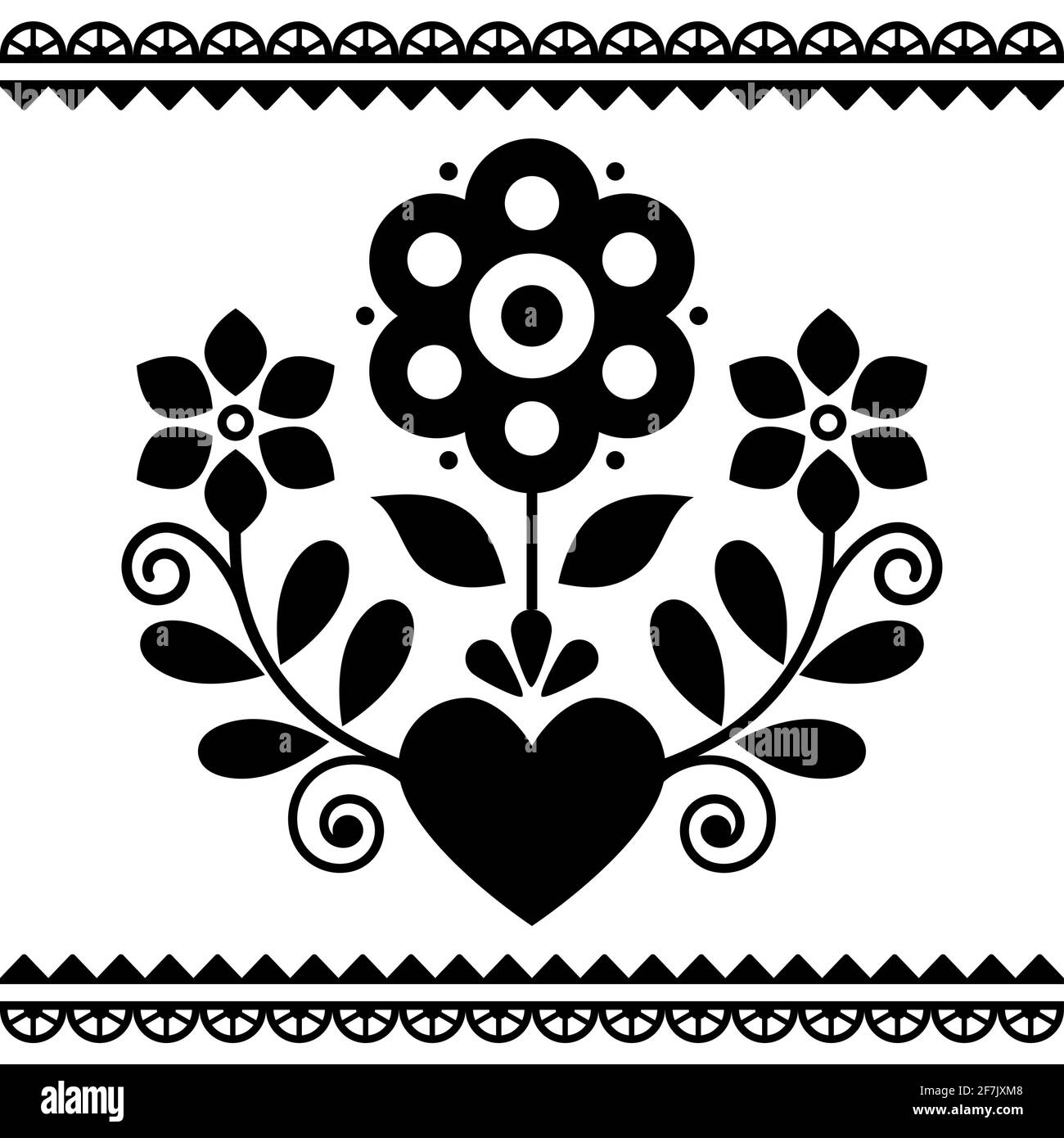 Polish folk art vector black and white design with flowers and heart
