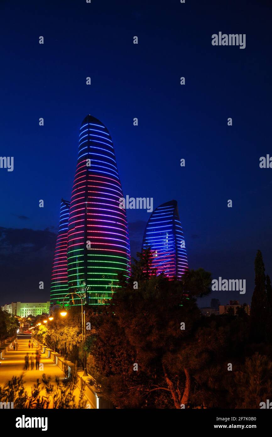 Azerbaijan, Baku, View of Sahidlar Xiyabani - Martyr's Lane and Flame Towers Stock Photo