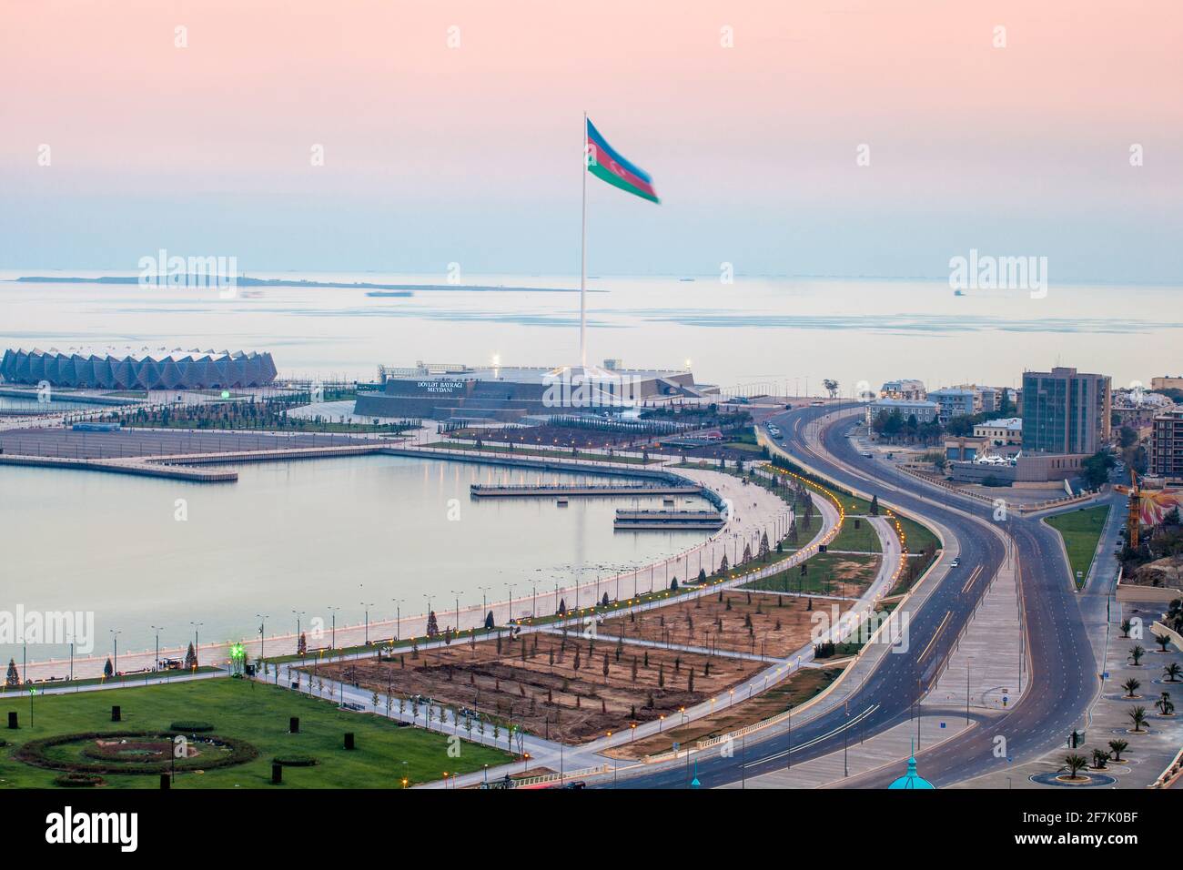 Azerbaijan, Baku, View of Baku Bay looking towards Baku Crystal Hall and the World's second Tallest Flagmast Stock Photo