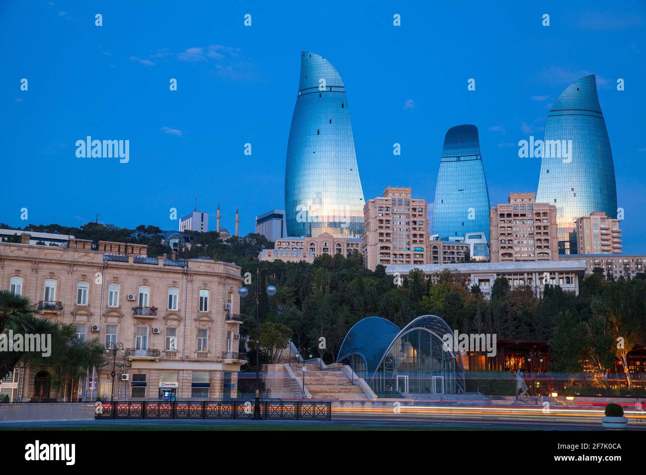 Azerbaijan, Baku, Entrance to Funicular railway and Flame Towers Stock Photo
