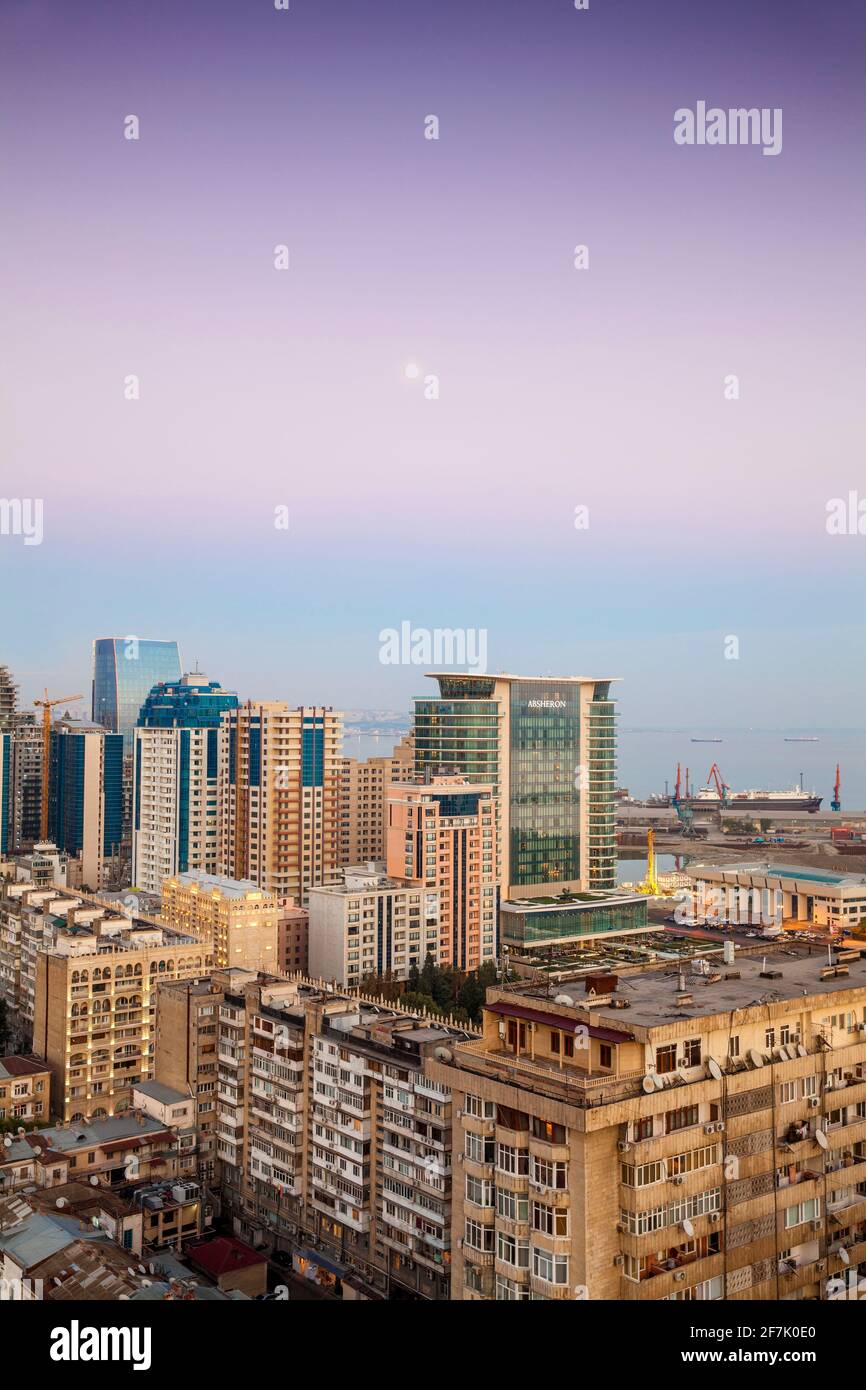 Azerbaijan, Baku, View of City looking towards JW Marriott Hotel Absheron Baku Stock Photo