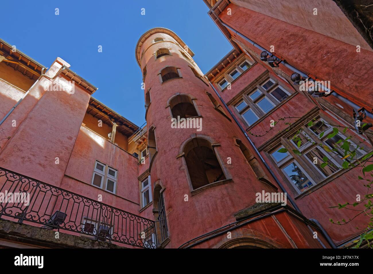 LYON, FRANCE, February 19, 2021 : La Maison du Crible, also known as Pink Tower because of its ochre-coloured staircase, has been listed as a historic Stock Photo