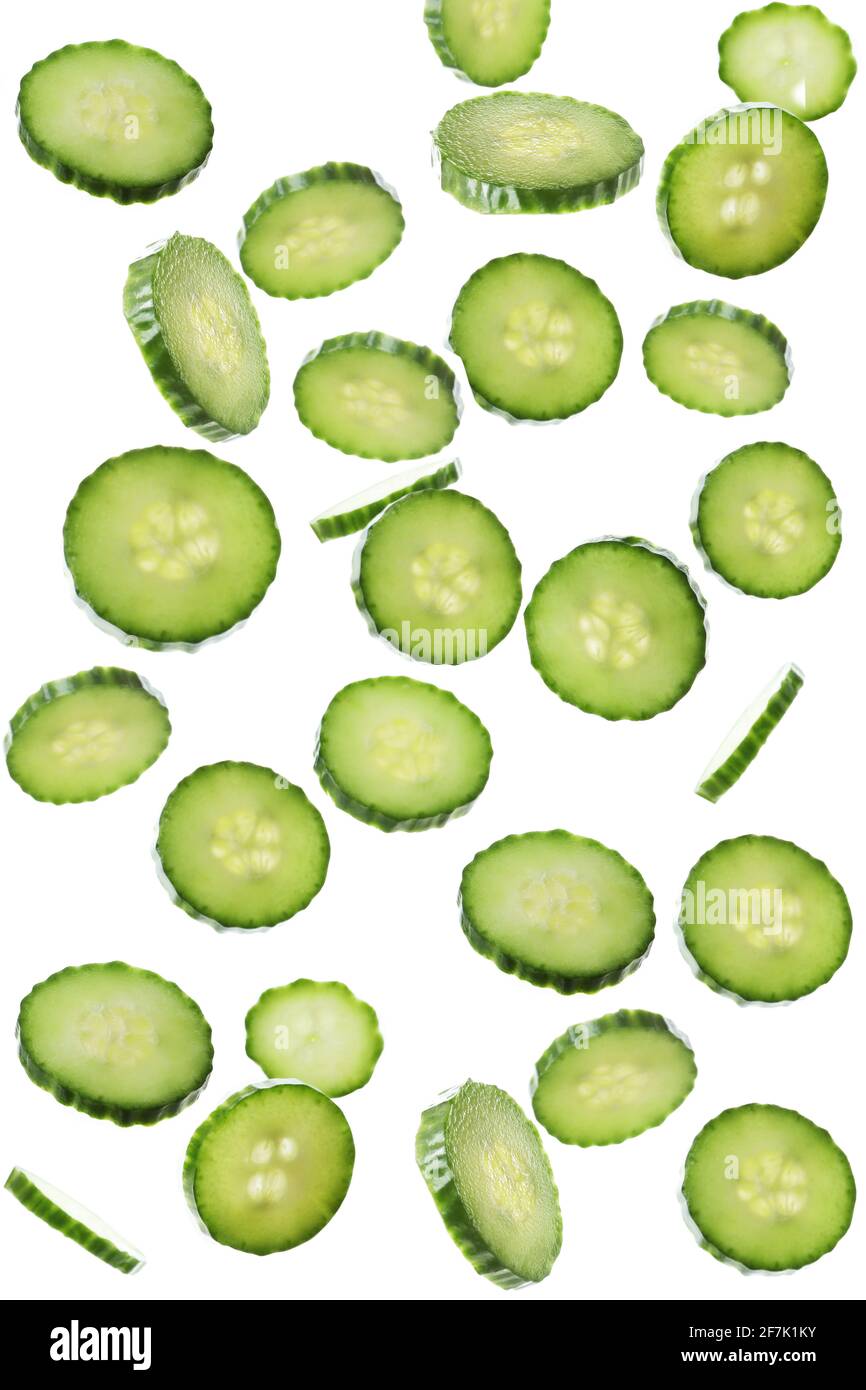Ripe cucumber slices isolated on white background Stock Photo
