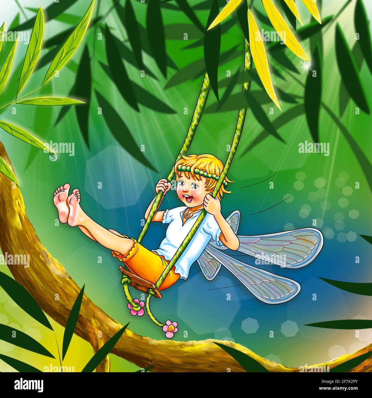 funny cute little elf with wings swings barefoot feet legs stretched