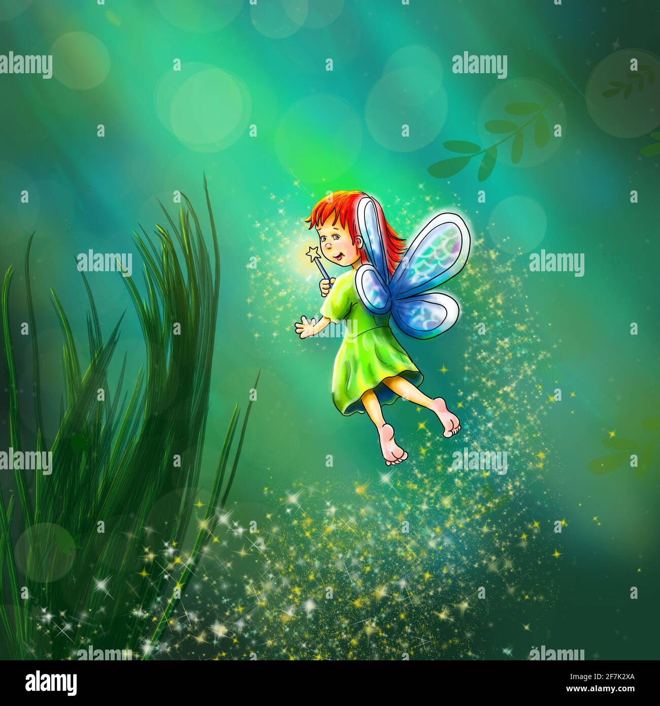 Elfi, the little elf children's book illustration elves fairies gnomes nature beings green forest friendly lovely helper supporter wings Stock Photo