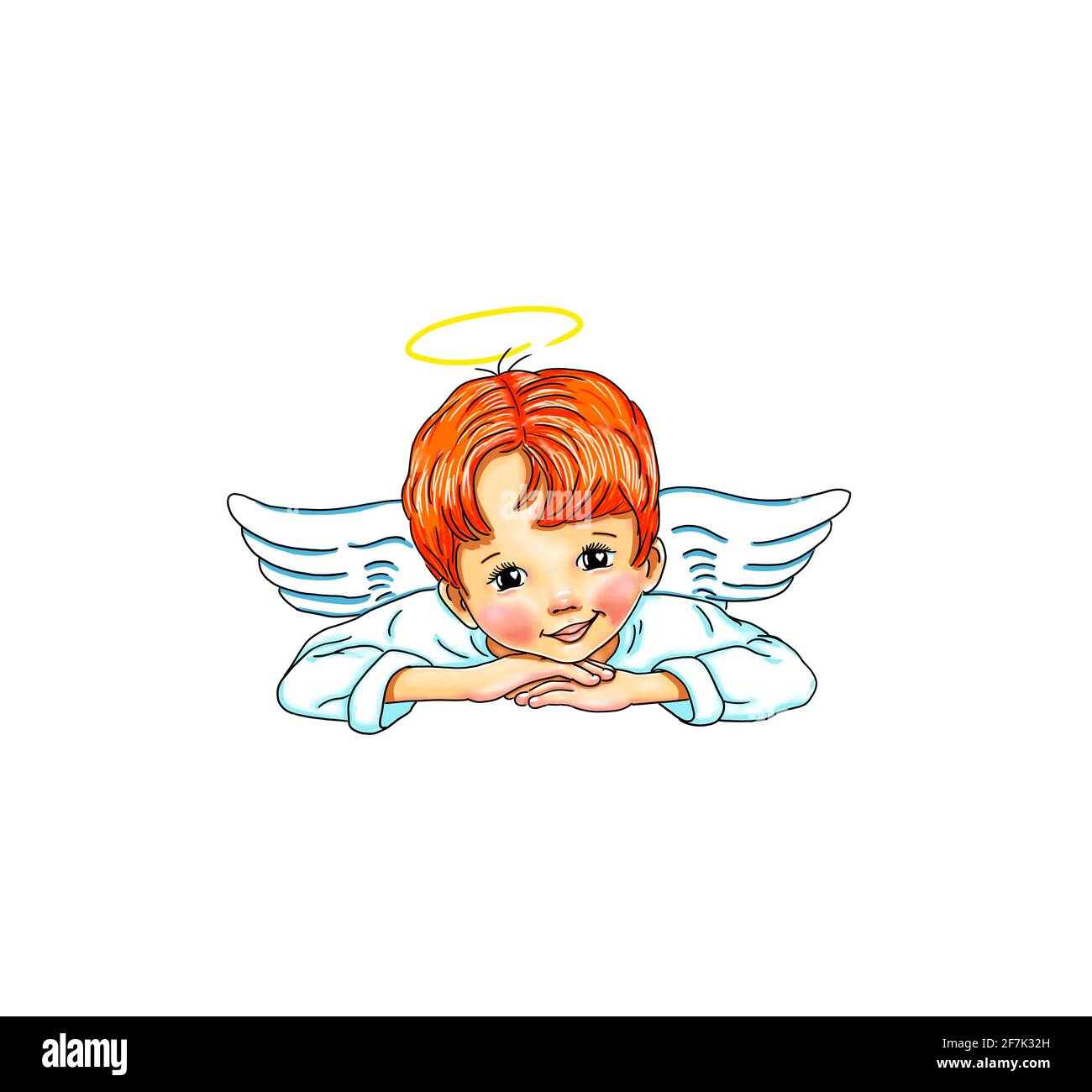Angel cute sweet child baby boy lies smiling laughing white wings feathers template logo design joy joyful love affection holy companion protector Stock Photo
