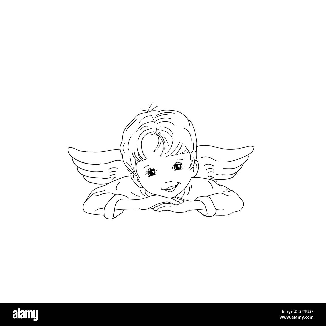 Angel cute sweet child baby boy lies smiling laughing white wings feathers template logo design joy joyful love affection holy companion protector Stock Photo