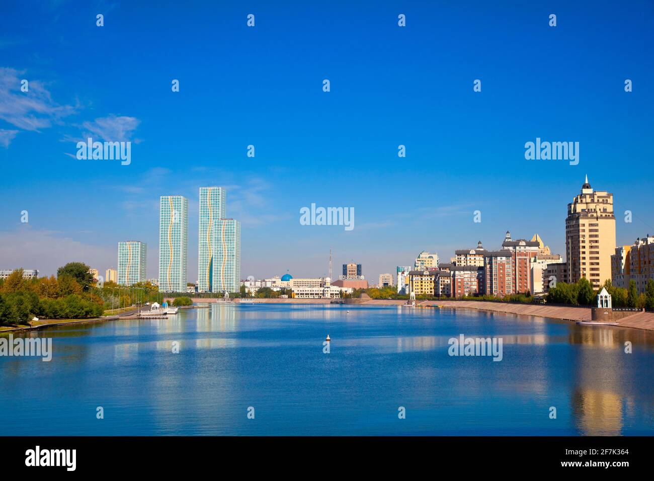 Kazakhstan, Astana, View of the Ishim River, looking west (downstream), with the city park on the left, and old city the right Stock Photo