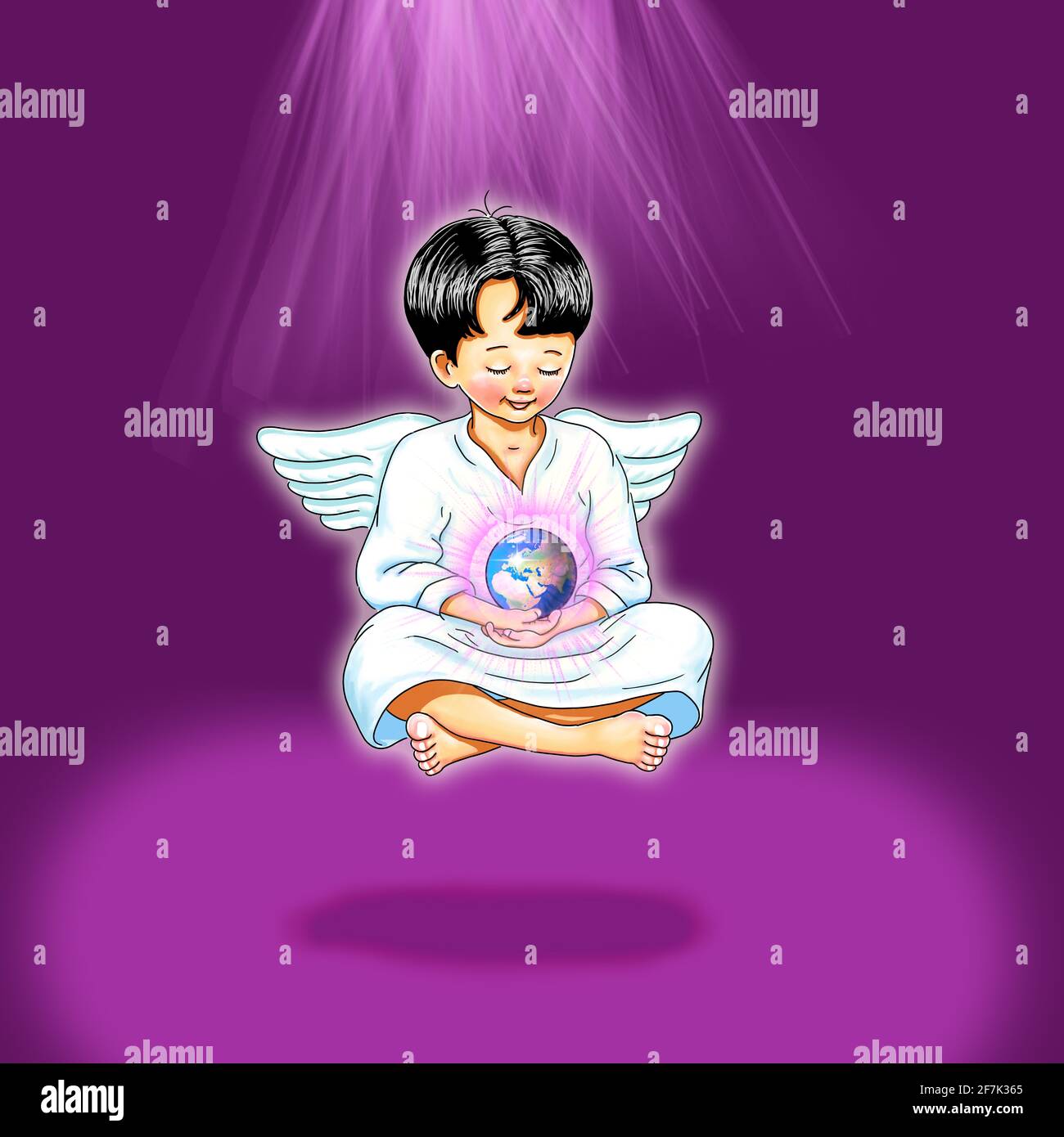 Angel barefoot Elohim archangel protector energy lightworker love floats meditation holds new earth in hand smiles smile joy earth globe shines pink Stock Photo