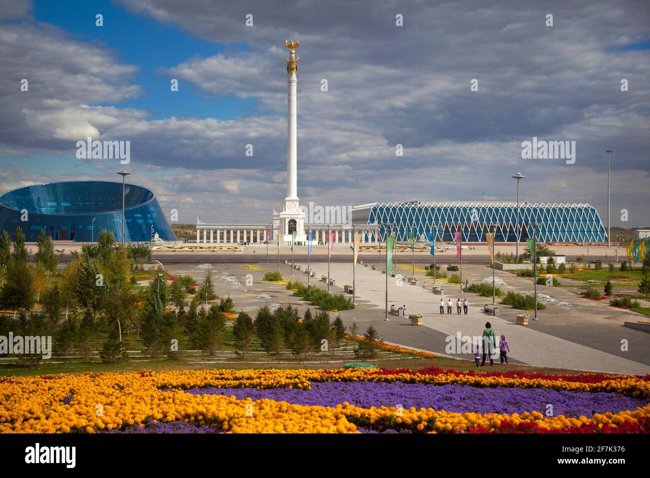 Kazakhstan, Astana, KazakYeli monument Shabyt Palace of Arts on the left and Palace of Independence (Kazakh Country) on the right Stock Photo