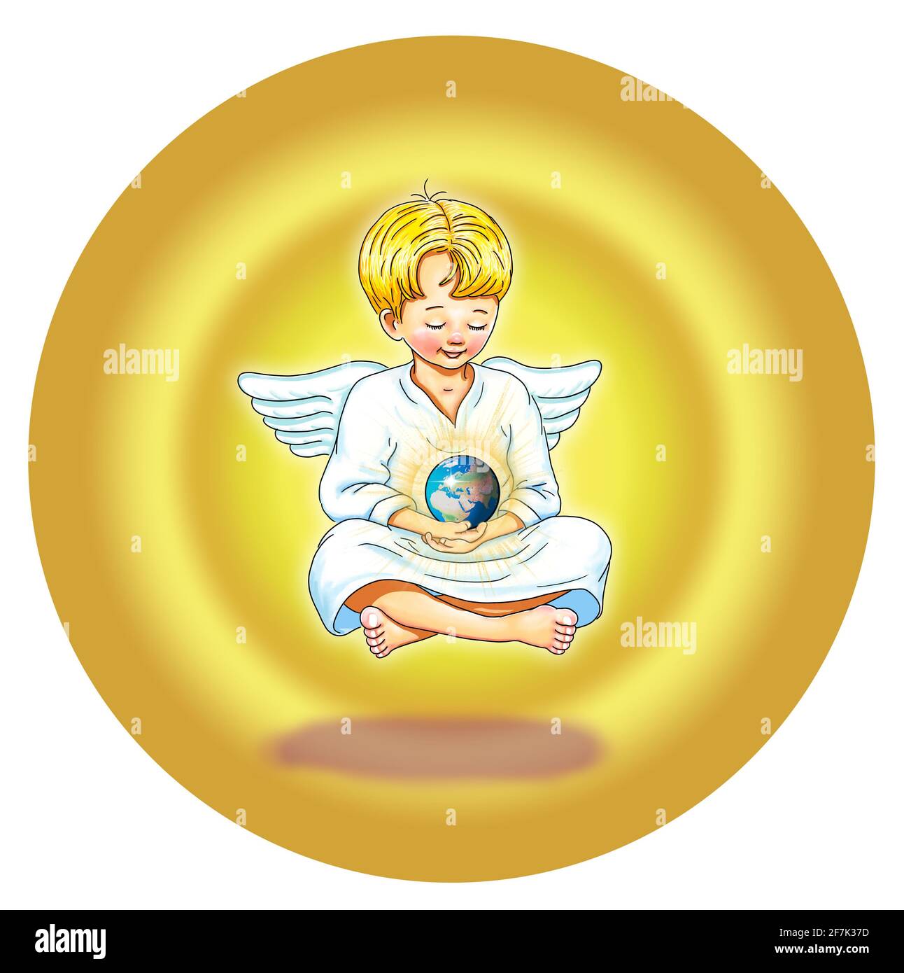 Angel barefoot elohim protector energy lightworker love floats meditation holds new earth in hand smiles smile joy earth globe shines pink peace Stock Photo