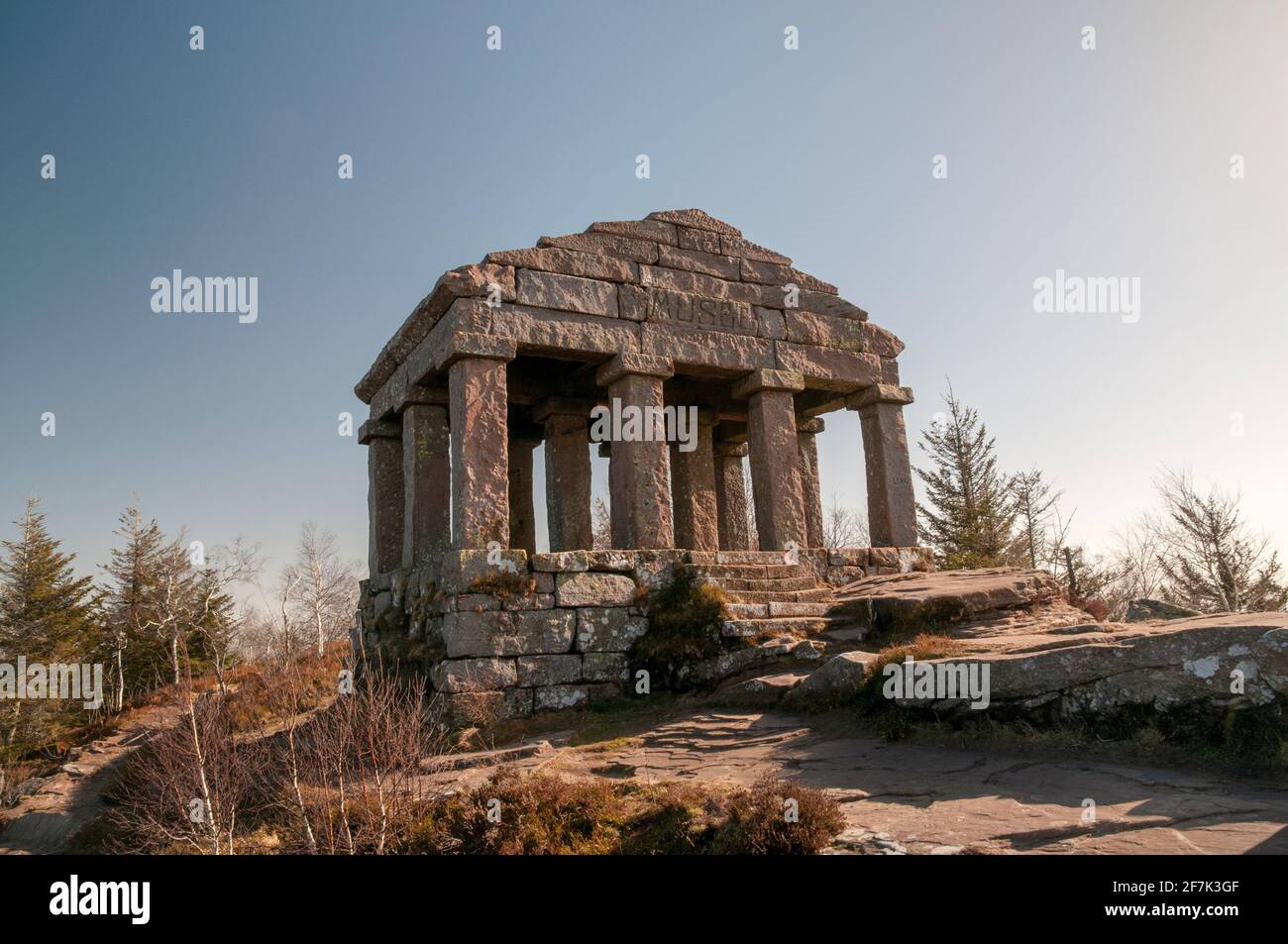 The Donon summit with the roman style temple. It was erected in 1868 on an ancient archaeological site. Grandfontaine, Haute Vosges, Bas-Rhin (67), Gr Stock Photo