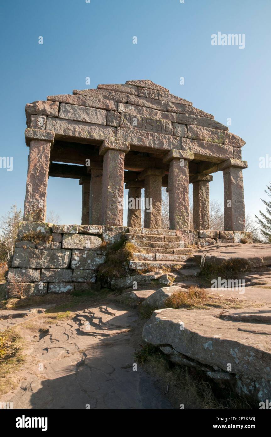 The Donon summit with the roman style temple. It was erected in 1868 on an ancient archaeological site. Grandfontaine, Haute Vosges, Bas-Rhin (67), Gr Stock Photo