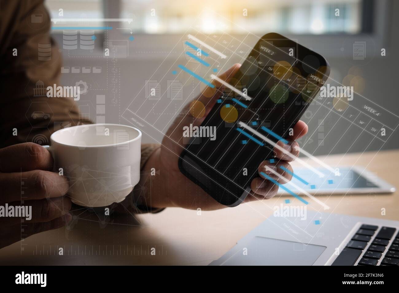 Businessman working project and update Gantt Software Chart scheduling virtual diagram and progress planning quality and communication gantt on virtua Stock Photo
