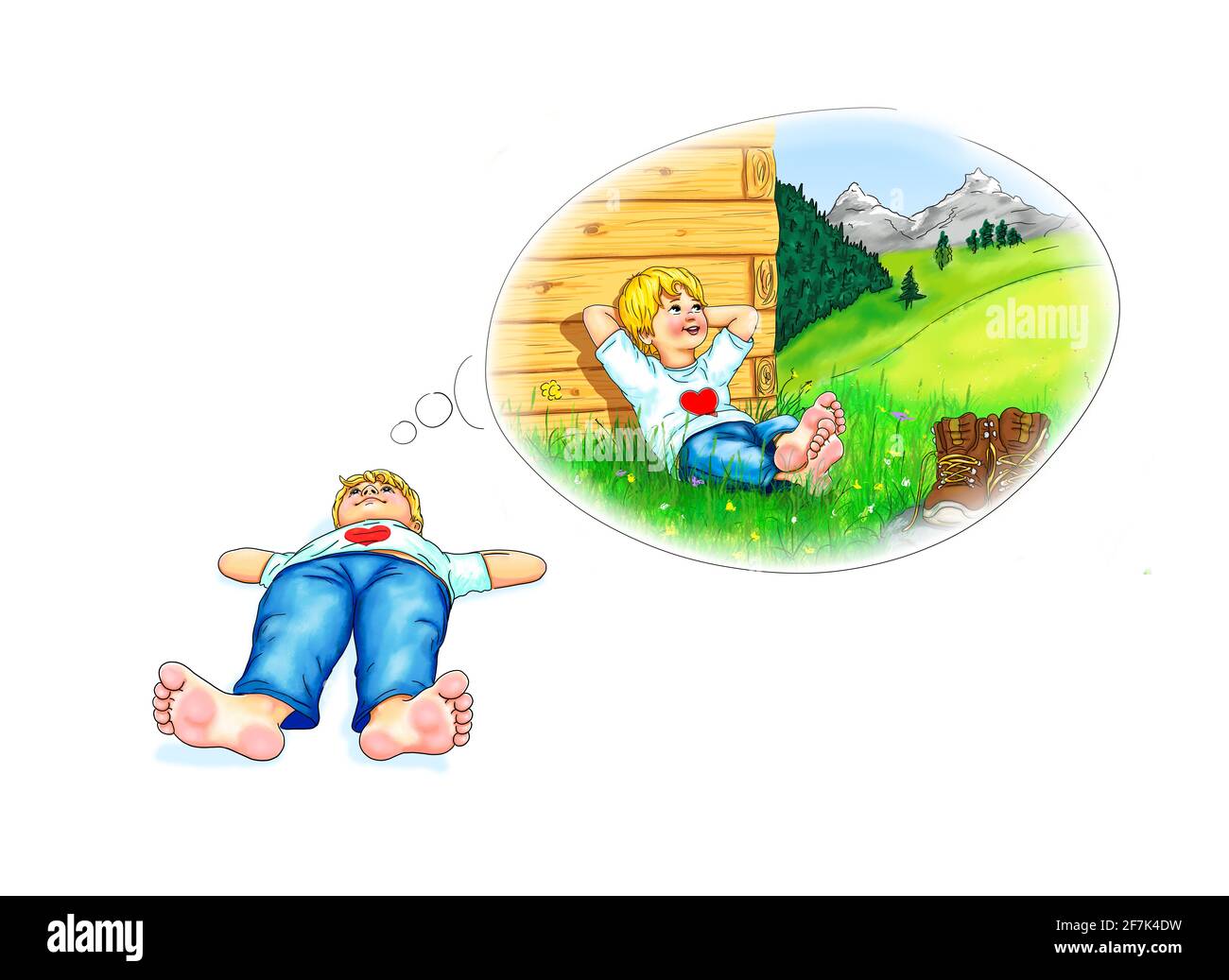 Boy child lies barefoot comfortably hands behind head on the floor Thinking bubble reflecting dream hikers shoes break mountains mountains bavaria Stock Photo