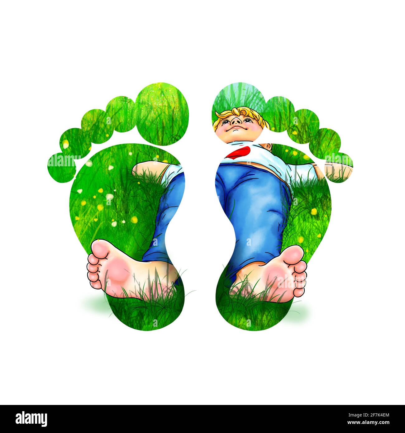 Footprint feet soles of the feet child boy barefoot family green white grass feel experience lie rest enjoy stretch summer sun experience sustainable Stock Photo