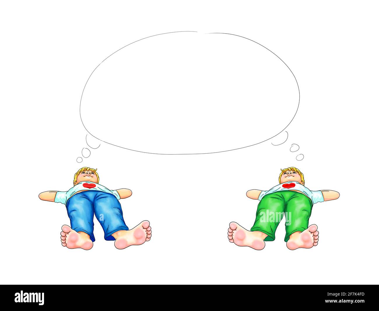 Boy child twins lie barefoot comfortably hands behind head on floor background white smile thought bubble thinking student without shoes break rest Stock Photo