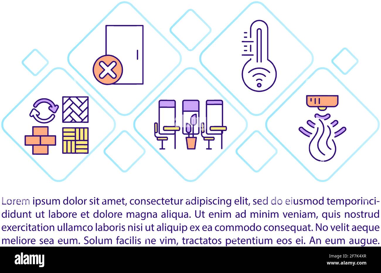 Comfortable office environment concept line icons with text Stock Vector