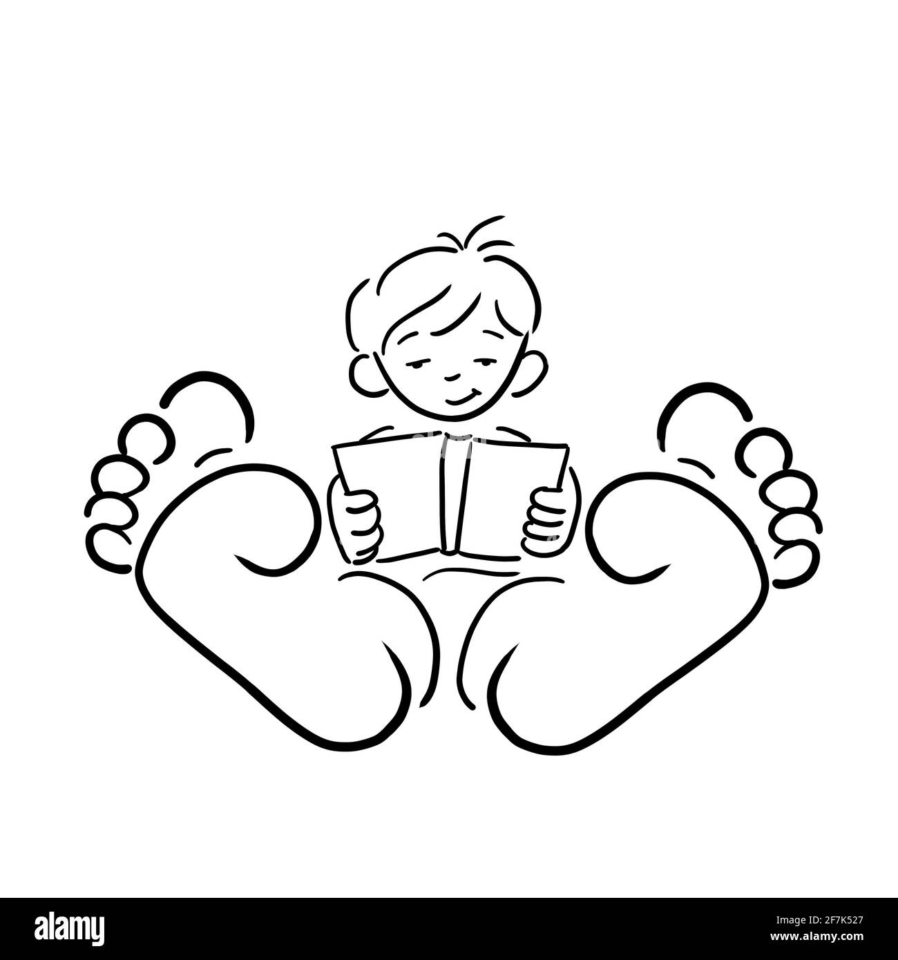 Boy barefoot lies sits cozy and reads a book Legs stretched out to rest enjoy break Logo black and white layout template mockup background template Stock Photo