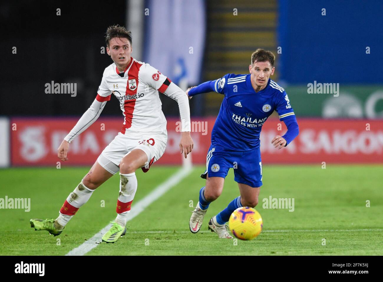Marc Albrighton #11 of Leicester City and Will Smallbone #20 of Southampton compete for the ball Stock Photo