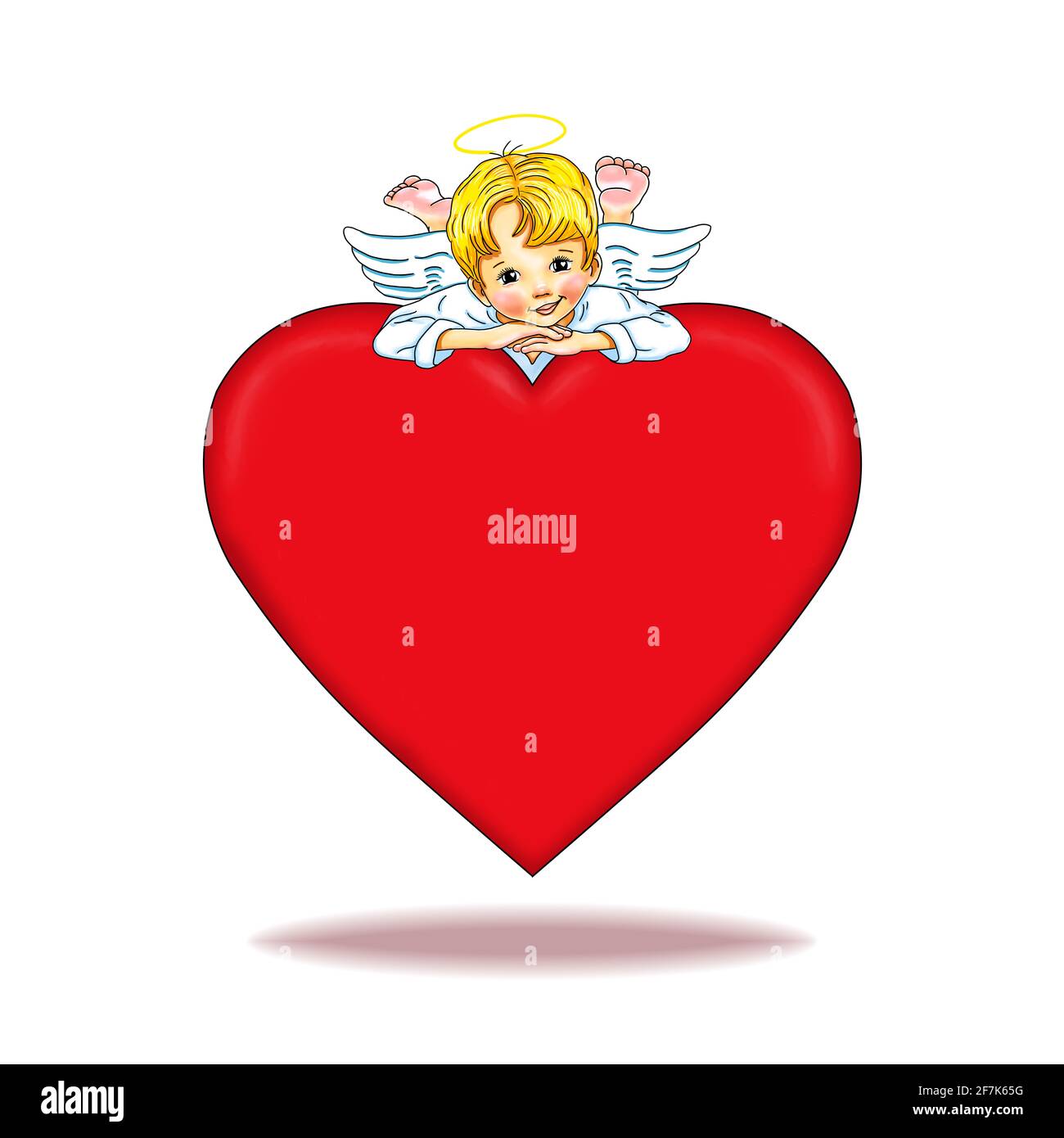 Template little angel cute sweet pretty heart red banner ribbon gold anniversary holiday wedding layout design joy happy greeting card saying valentin Stock Photo