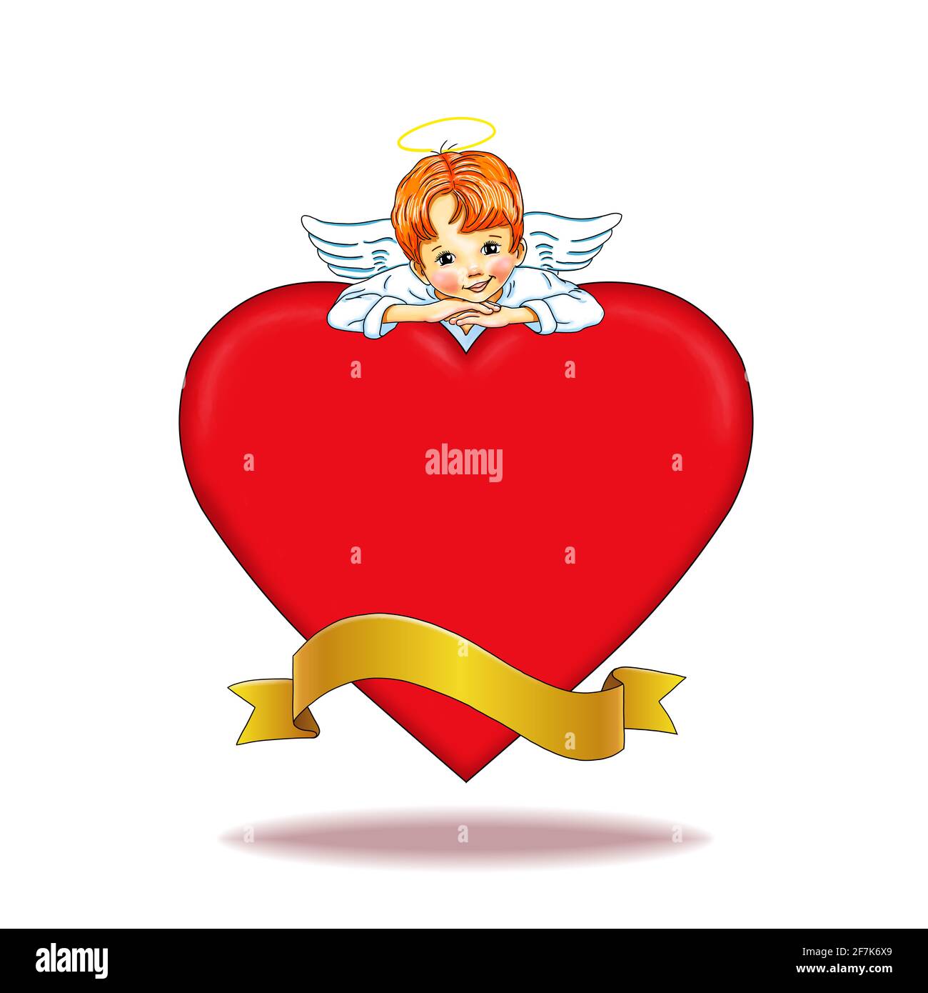 Template little angel cute sweet pretty heart red banner ribbon gold anniversary holiday wedding layout design joy happy greeting card saying valentin Stock Photo