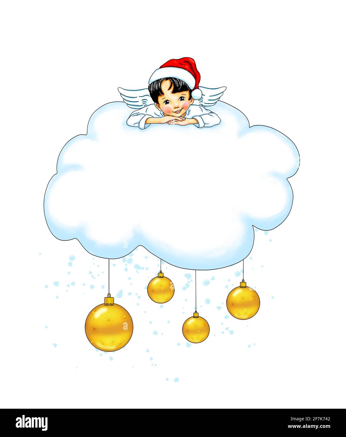 Template little angel cute sweet pretty lies smiling cloud christmas santa hat bubble banner holiday advertisement mock up, layout, festively decorate Stock Photo