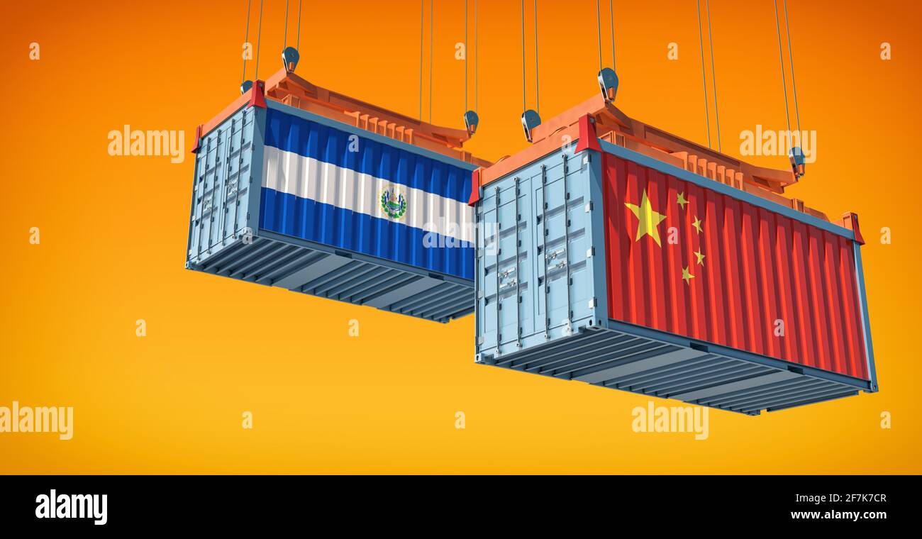 Freight containers with China and El Salvador flag. 3D Rendering Stock