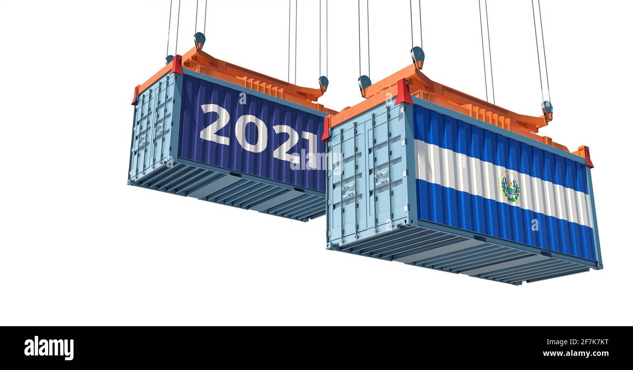 Year 2021. Freight container with El Salvador flag. 3D Rendering Stock